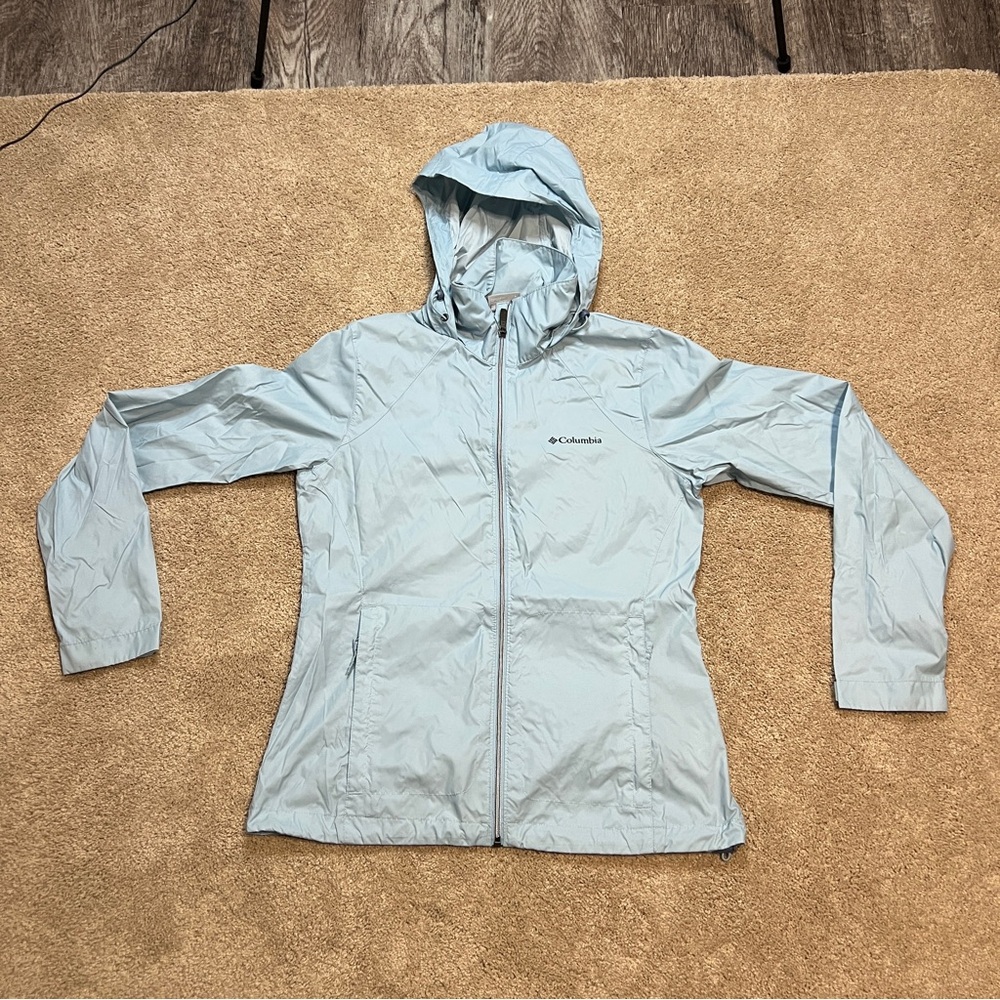 Columbia Light Blue Hooded Rain Jacket